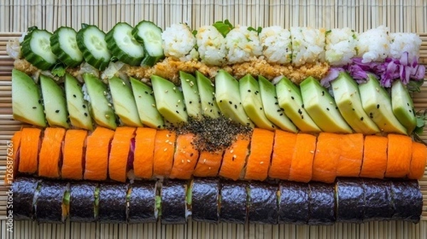 Fototapeta Sushi food photography on a bamboo mat with avocado, cucumber and carrots with a top down view