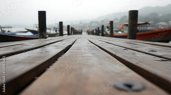 Fototapeta Wooden Pier Extending Towards Distant Boats
