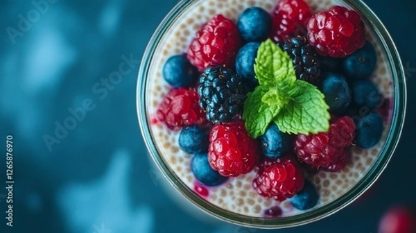 Fototapeta Overhead view of chia seed pudding topped with berries and mint leaves chia seed desert dessert. Glass container