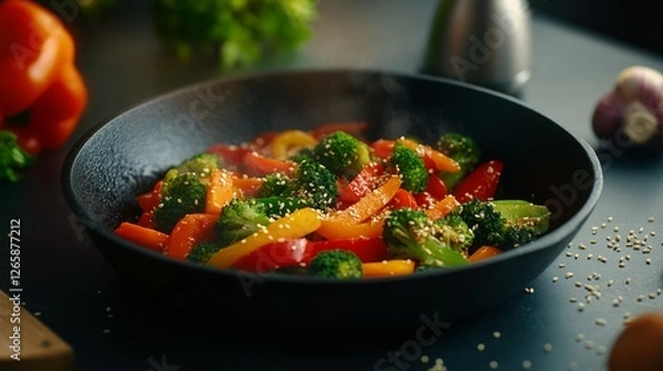 Fototapeta Vibrant Vegetable Stir-fry In A Cast-Iron Skillet with Colorful Bell Pepper Broccoli and Carrots Garnished with Sesame Seeds