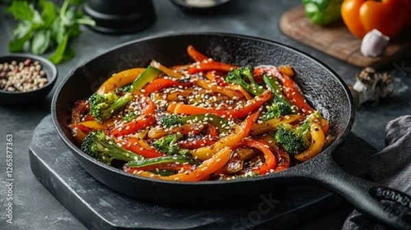 Fototapeta Vibrant Vegetable Stir-Fry in a Cast-Iron Skillet, Colorful Bell Peppers, Broccoli, and Carrots