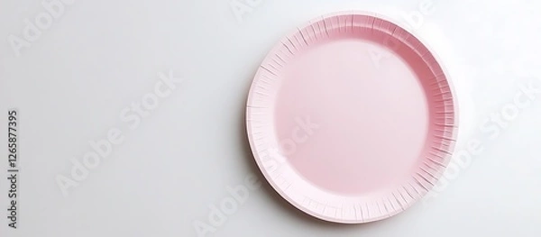 Fototapeta Soft pink paper plate on a pristine white surface, top view photography.