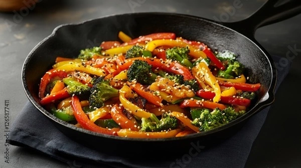 Fototapeta Colorful Stir-Fry on Cast-Iron Skillet with Red Pepper Broccoli and Carrots Dark Background Stir. Vibrant vegetable Stir Fry. Garnishes of Sesame Seeds in cast iron skillet with vibrant colors