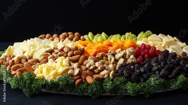 Fototapeta Artistic composition of vegan cheeses nuts and dried fruits set on a dark background food photography