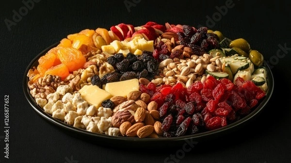 Fototapeta Assorted vegan cheeses served on a platter of assorted dried fruits nuts and food. It'is an epic of the food photography
