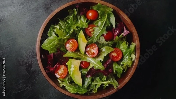 Fototapeta Overhead shot of salad with mixed greens cherry tomatoes avocado and a drizzle of olive oil in a wooden bowl made potrait. Featuring the subject matter is in the center focus shot