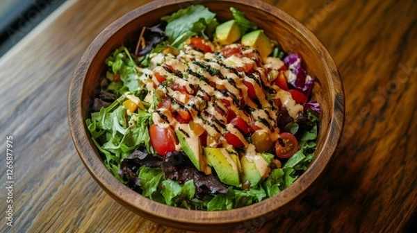 Fototapeta Overhead Shot Of A Healthy Salad With Mixed Greens And Cherry Tomatoes Served In A Wooden Bowl with Background