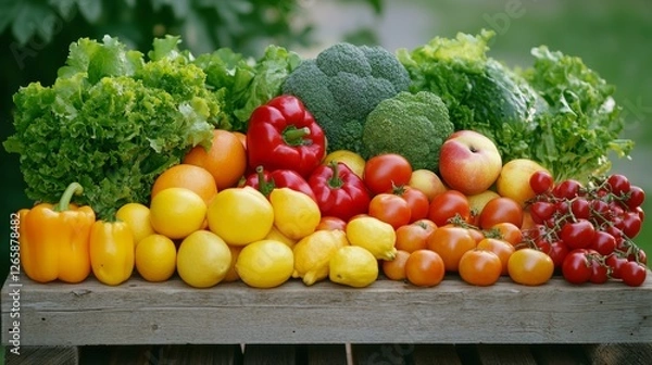 Fototapeta Fresh fruits and vegetables on a wooden table, with natural light and the lighting effect
