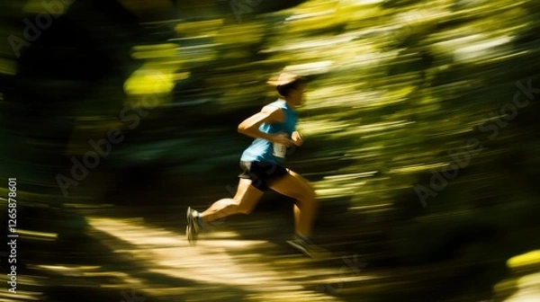 Fototapeta A runner strides along a forest trail, embodying focus and connection with nature.	