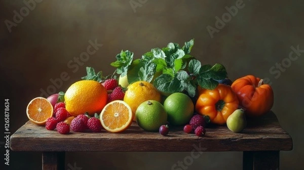 Fototapeta Fresh Fruits Vegetables on a Rustic Wooden Table Display A Still Life Arrangement of Fresh Fruits And Vegetables with Vibrant Colors and Textures on a Wooden Surface. The Arrangement contains a