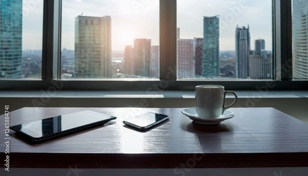 Fototapeta 창가에 위치한 사무실 책상을 위에서 내려다본 장면, 탁자 위에는 커피잔과 스마트폰, 창밖으로는 도시의 고층 빌딩이 보인다