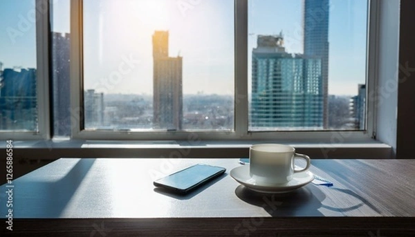 Fototapeta 창가에 위치한 사무실 책상을 위에서 내려다본 장면, 탁자 위에는 커피잔과 스마트폰, 창밖으로는 도시의 고층 빌딩이 보인다