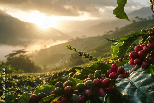 Fototapeta Ripe red coffee cherries on a plantation at sunrise, with sun rays illuminating the lush green leaves and misty hills in the background.