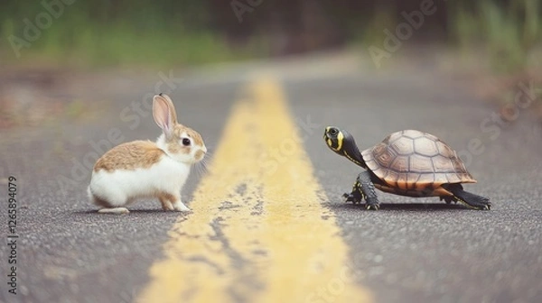 Fototapeta The classic showdown: A tortoise and hare face off on the asphalt road
