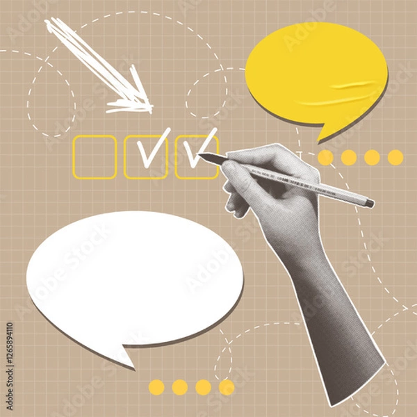 Fototapeta Square Trendy halftone collage featuring a checklist concept. A human hand marking checkboxes correctly.