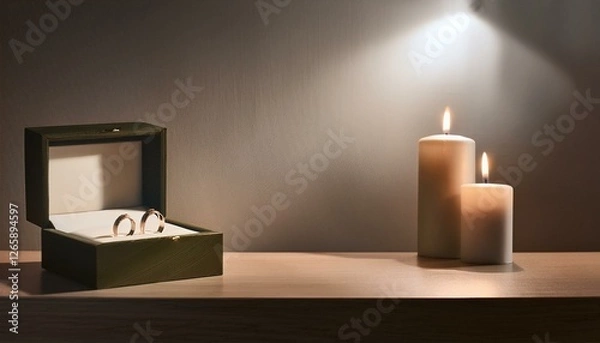 Fototapeta 촛불을 켠 조용한 방, 테이블 위에는 두 개의 반지가 얹혀 있는 고급스러운 보석함