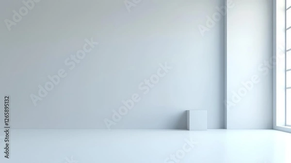 Fototapeta Bright White Minimalist Room With Single Cube