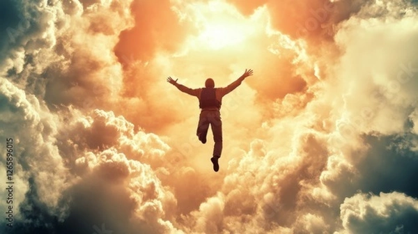 Fototapeta Skydiver freefalling with arms wide open above the clouds action photography open sky aerial perspective embracing freedom