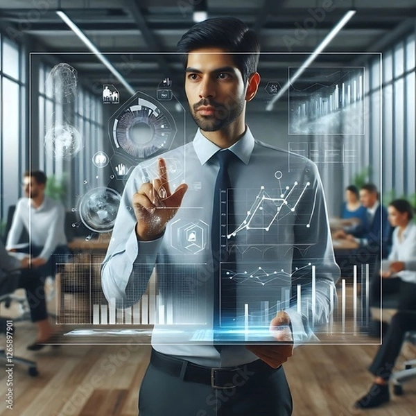 Fototapeta Data Analyst With AI Hologram