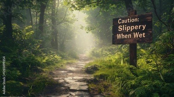 Fototapeta Misty green forest trail with 'Caution Slippery When Wet' warning sign surrounded by lush vegetation creating ethereal atmospheric woodland landscape in morning fog