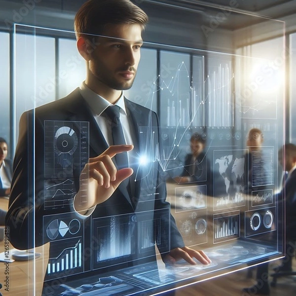 Fototapeta Data Analyst With AI Hologram