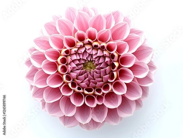Fototapeta Top view of a pink Dahlia flower with intricate patterns, isolated on a white background.