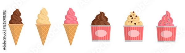Fototapeta Set of delicious ice creams in cones and cups