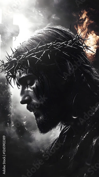 Obraz Jesus with a crown of thorns on his head, a cross in front
