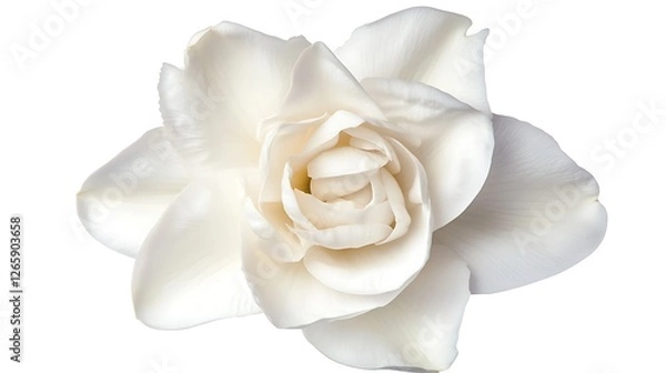 Fototapeta Top view of a white gardenia with delicate petals, isolated on a white background.