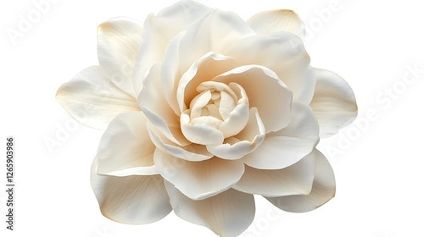 Fototapeta Top view of a white gardenia with delicate petals, isolated on a white background.