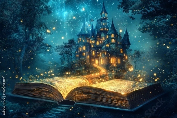Fototapeta An enchanting open storybook displays a stunning illustration of a magical castle nestled in a mystical forest. Glowing lights illuminate the scene, creating a captivating atmosphere