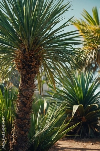 Fototapeta Lush greenery featuring palm trees and tropical plants under a bright sky.