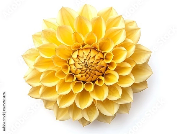Fototapeta Yellow Dahlia flower with a unique petal arrangement, top view, isolated on a white background.