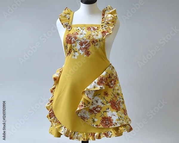 Fototapeta Yellow floral apron with ruffled edges and a vintage style, on a mannequin, white background.