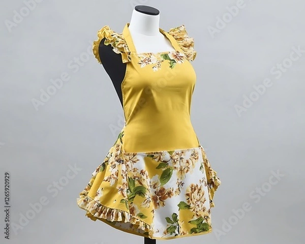 Fototapeta Yellow floral apron with ruffled edges and a vintage style, on a mannequin, white background.