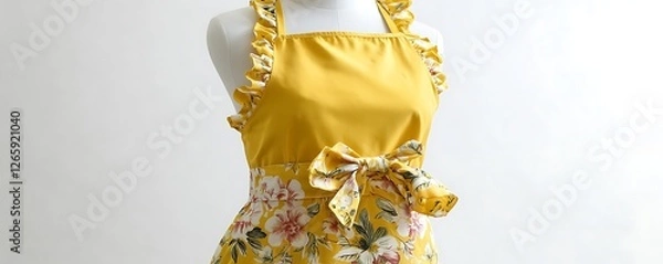 Fototapeta Yellow floral apron with ruffled edges and a bow, vintage style, on a mannequin, white background.