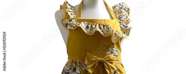 Fototapeta Yellow floral apron with ruffled edges and a bow, vintage style, on a mannequin, white background.