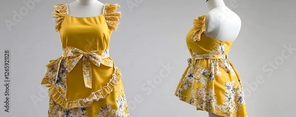 Fototapeta Yellow floral apron with ruffled edges and a bow, vintage style, on a mannequin, white background.