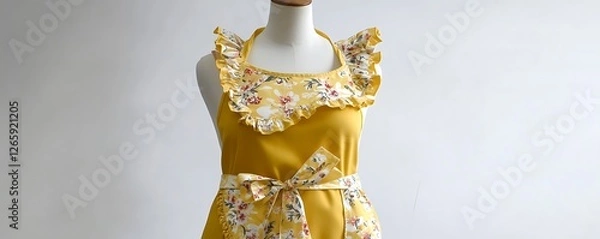 Fototapeta Yellow floral apron with ruffled edges and a bow, vintage style, on a mannequin, white background.