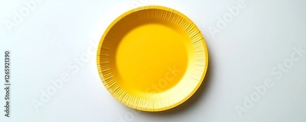 Fototapeta Yellow paper plate displayed on a pristine white surface, top view capture.