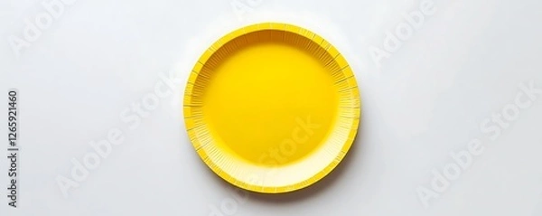 Fototapeta Yellow paper plate displayed on a pristine white surface, top view capture.