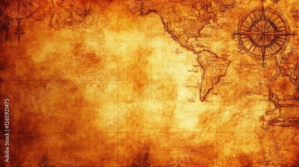Fototapeta Vintage World Map Background with Compass Rose and Aged Parchment Texture