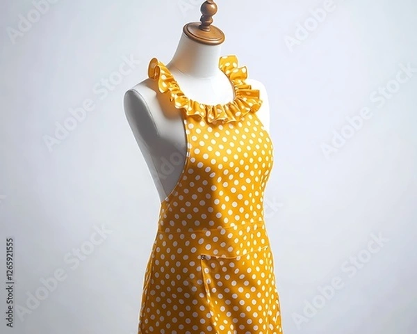 Fototapeta Yellow polka dot apron with a ruffled neckline, retro design, on a mannequin, white background.