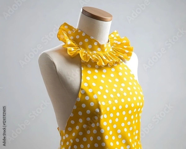 Fototapeta Yellow polka dot apron with a ruffled neckline, retro design, on a mannequin, white background.