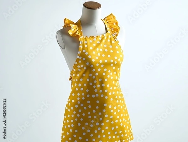 Fototapeta Yellow retro apron with polka dots and a ruffled neckline on a mannequin, white background.