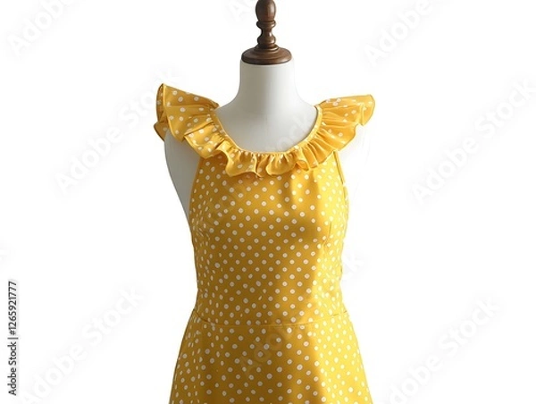 Fototapeta Yellow retro apron with polka dots and a ruffled neckline on a mannequin, white background.