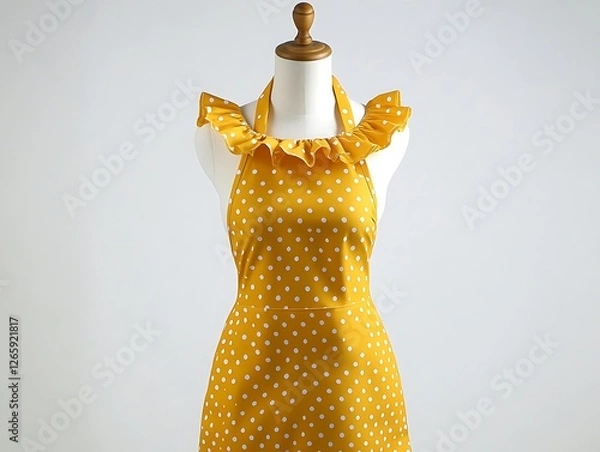 Fototapeta Yellow retro apron with polka dots and a ruffled neckline on a mannequin, white background.