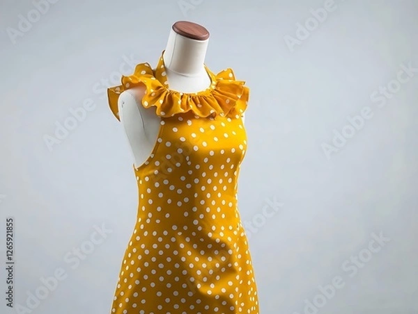 Fototapeta Yellow retro apron with polka dots and a ruffled neckline on a mannequin, white background.