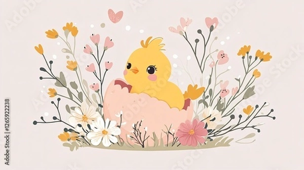 Fototapeta Cute Chick Hatching from Decorated Egg