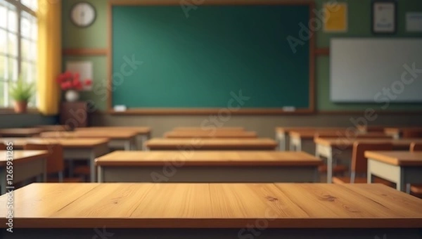 Fototapeta wooden desk surface, empty classroom background